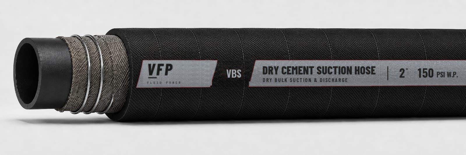 VFP VBS150 / VBS300 dry cement suction hose — render with the VFP label band and a cut-away end showing the construction