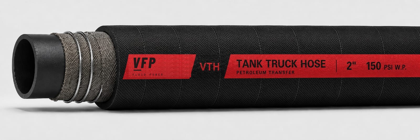 VFP VTH150 tank truck hose — black wrapped-cover petroleum transfer hose with steel helix and red layline